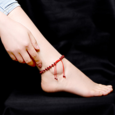新款热卖天然正品水晶石榴石脚链 手编红绳中国风3毫米双道脚链