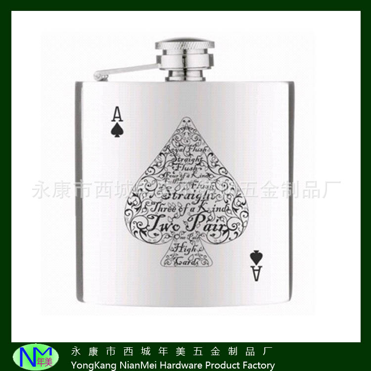 5盎司随身丝印扑克图案不锈钢酒壶 厂家直销