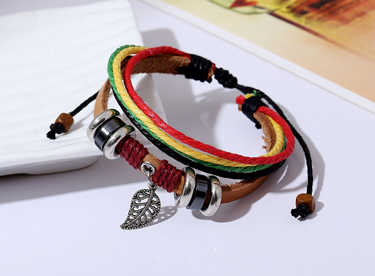 Fashion men and women leather bracelet leaf pendant handmade leather bracelet