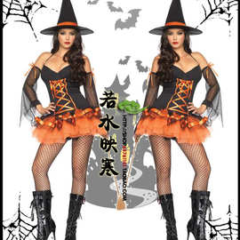 万圣节服装 橙色女巫装 女巫帽子恶魔装 角色扮演吸血鬼 变装派对