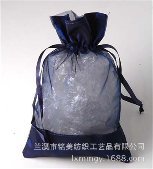 厂家直供 高品质束口抽绳袋 欧式色丁拼接纱袋 收纳欧根纱袋