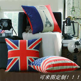古典棉麻欧美国旗个性抱枕 创意沙发靠垫汽车抱枕 暖手抱枕批发