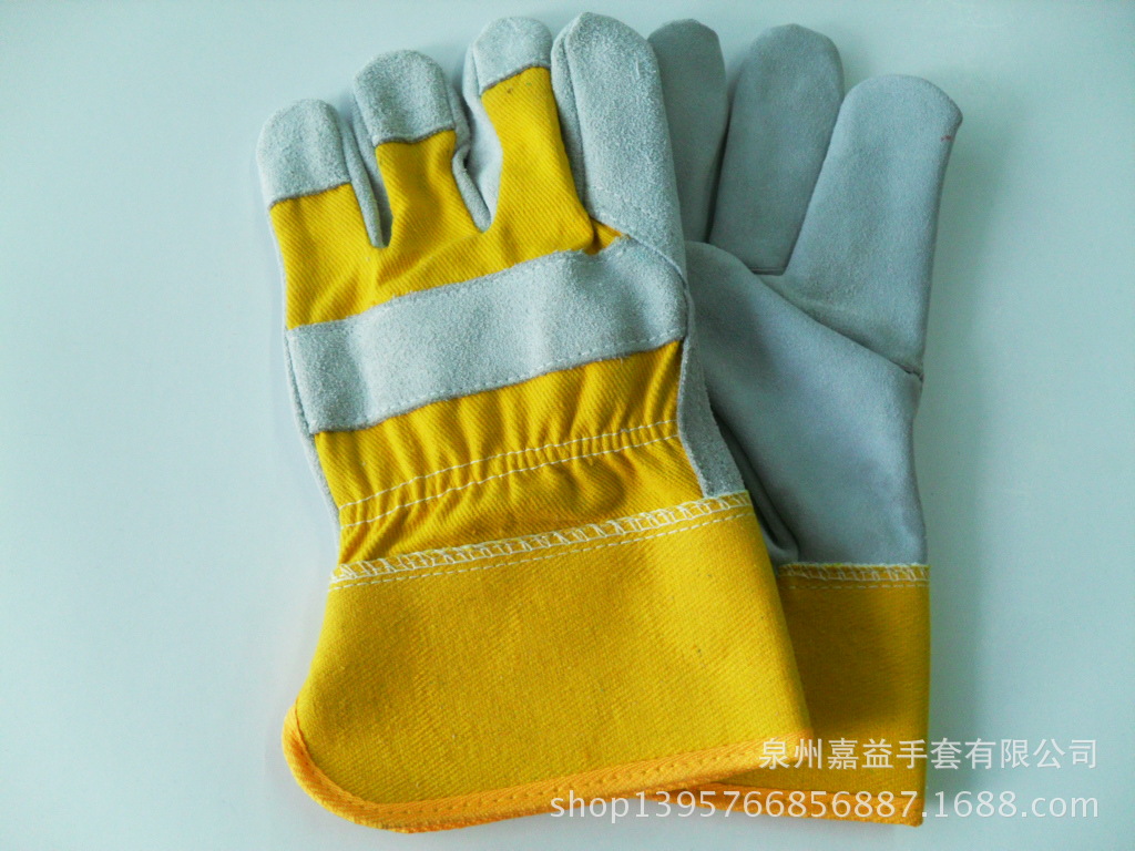 牛二层皮黄布胶袖二指手套