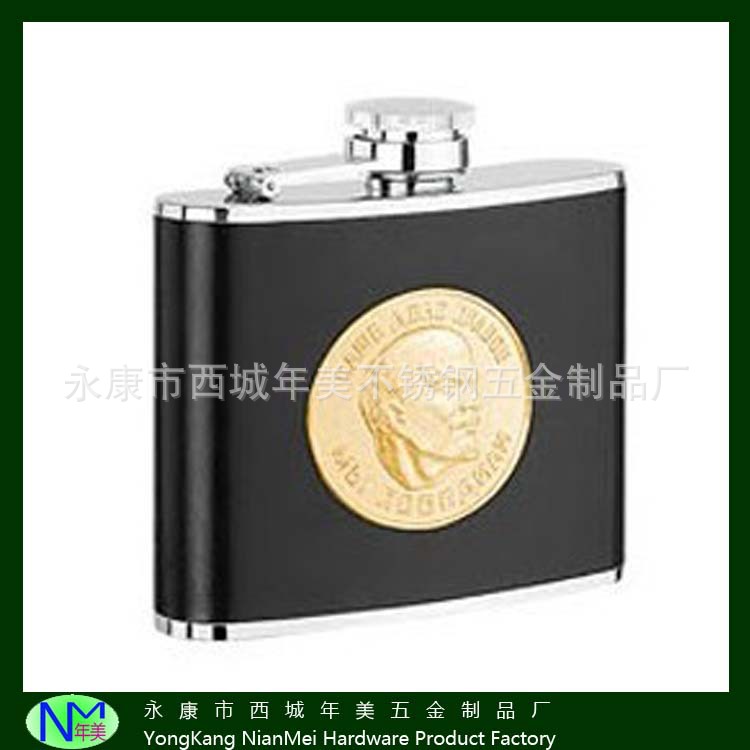 永康直销3OZ帖片PU皮革包裹随身不锈钢酒壶