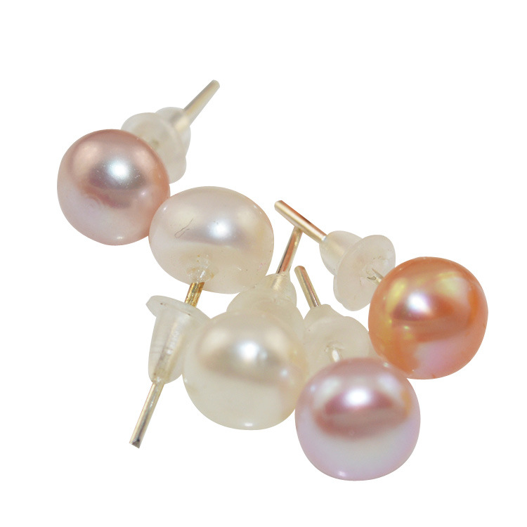 天然色淡水珍珠耳钉多色7-8mm面包珠馒头形饰品配饰厂家批发直销