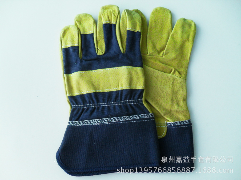 猪二层皮蓝布胶袖手套