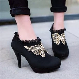 Красивая и красивая вода кирпич бабочка черный/красный высокий каблук женские туфли JGB2014N000205