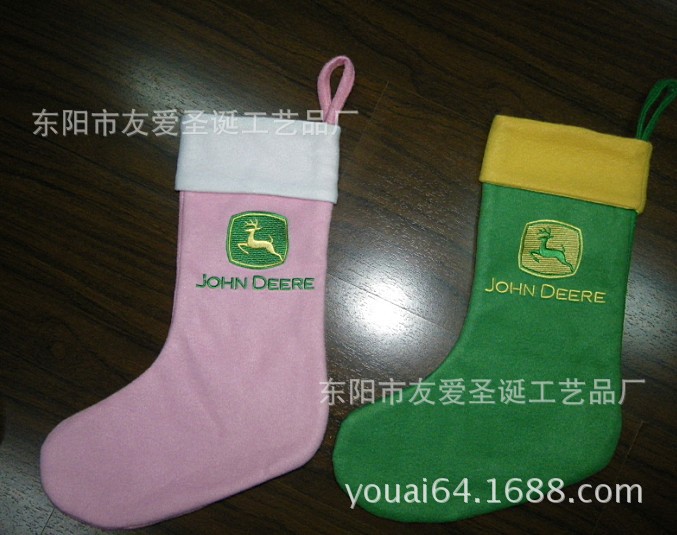 单面绒 圣诞袜    粉色 绿色  胶浆印刷  logo   