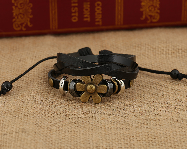 Alloy Flower Bracelet Leather Bracelet Wholesale Beaded Leather Bracelet display picture 1