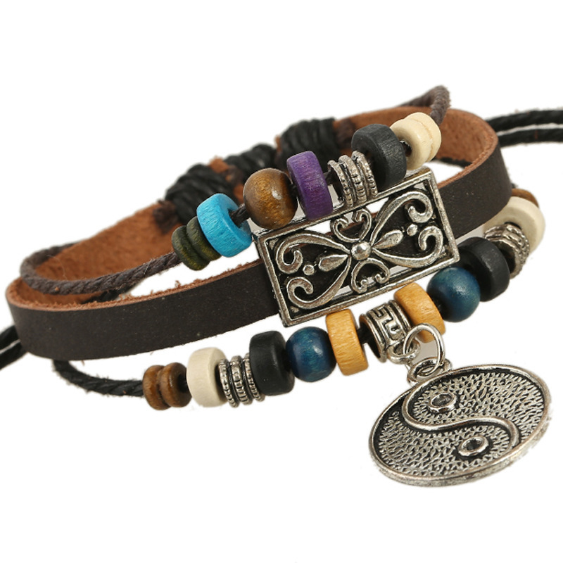 New beaded leather bracelet punk new cowhide bracelet factory direct selling gossip pendant jewelry New beaded leather bracelet punk new cowhide bracelet factory direct selling gossip pendant jewelry