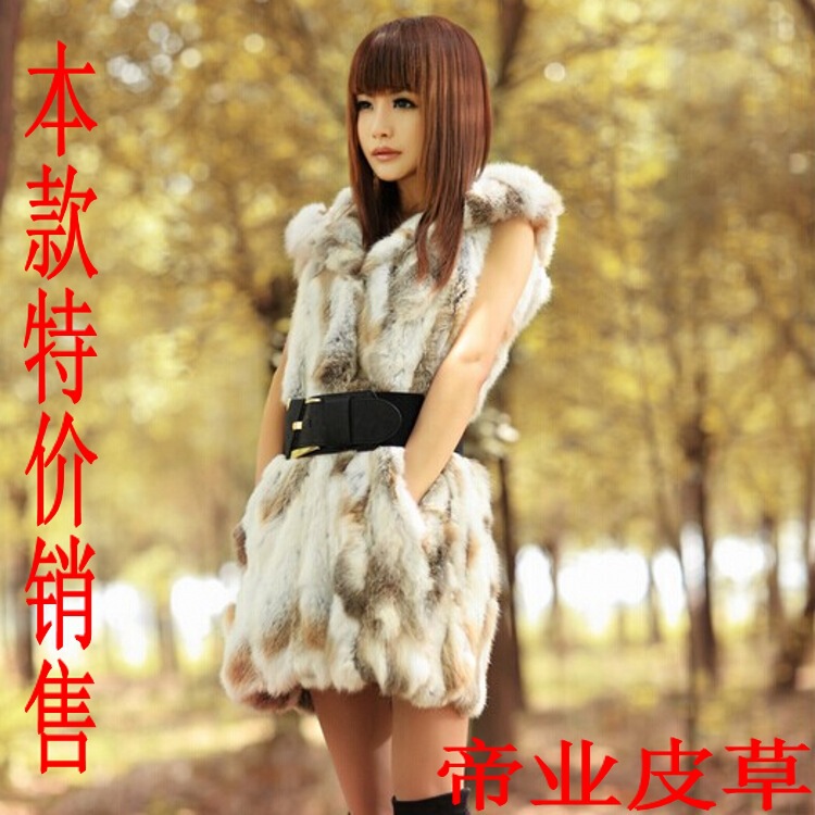Rabbit Fur Vest Midi Women's Rabbit Fur Hooded Fur Jacket