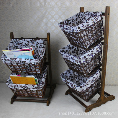 田園風格木質收納籃三層吊籃置物籃雜志籃時尚布藝收納籃
