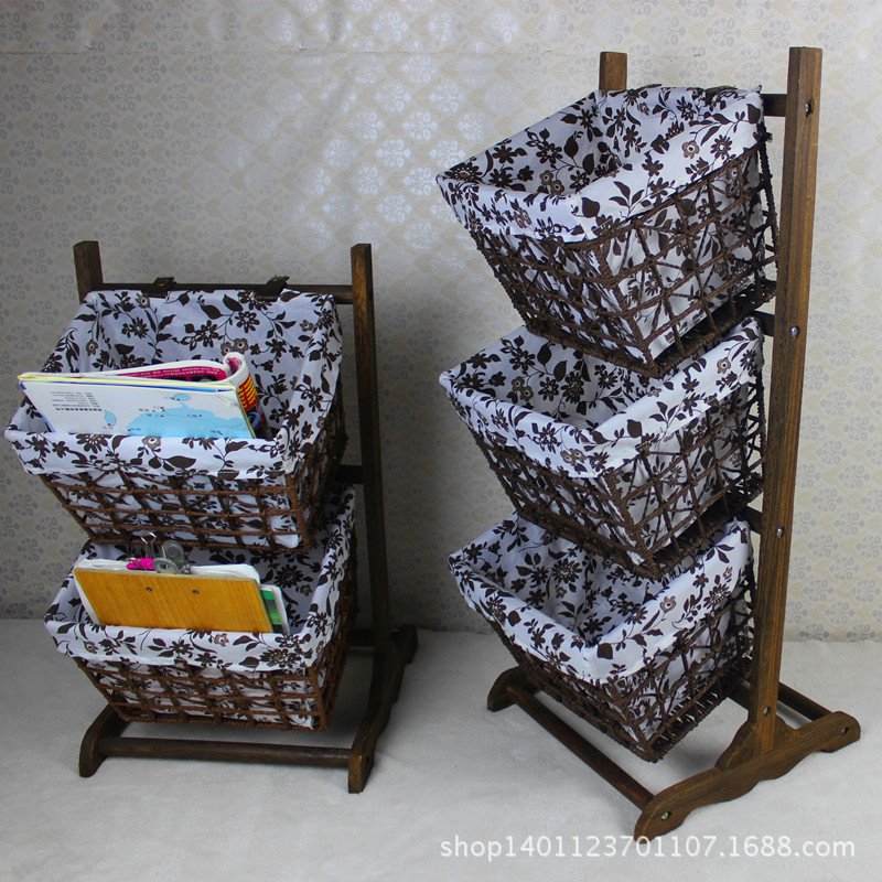 田園風格木質收納籃三層吊籃置物籃雜志籃時尚布藝收納籃