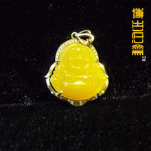 【博古石斋】正宗印尼金田黄 纯银包边镶银弥勒吊坠手工雕刻批发