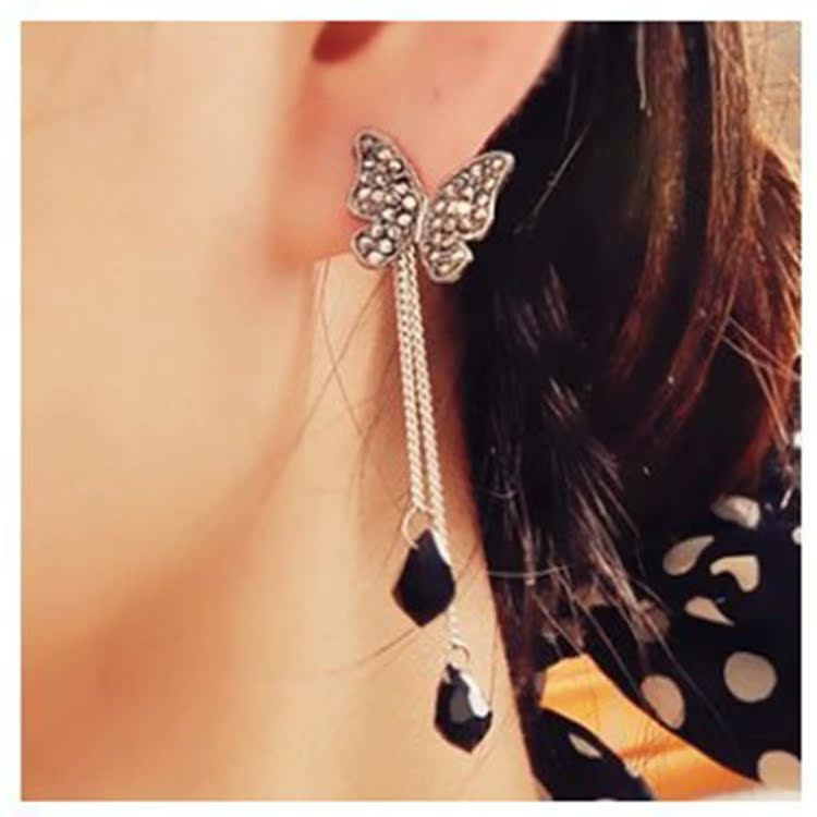 韩版新款饰品精美时尚蝴蝶满钻水晶链条耳坠流苏长款水滴吊坠耳钉