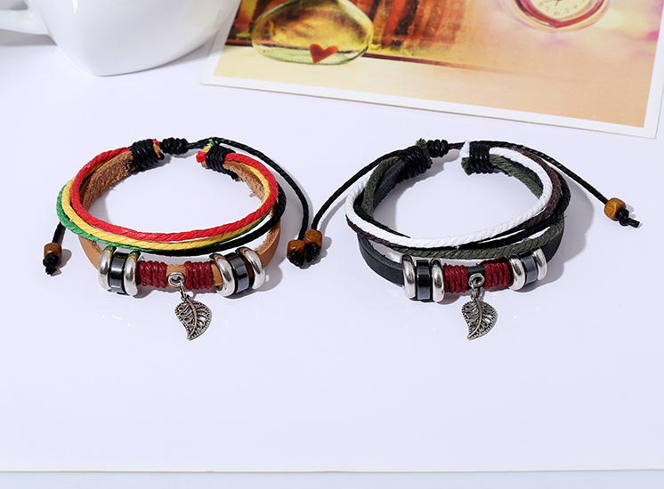 Fashion men and women leather bracelet leaf pendant handmade leather bracelet