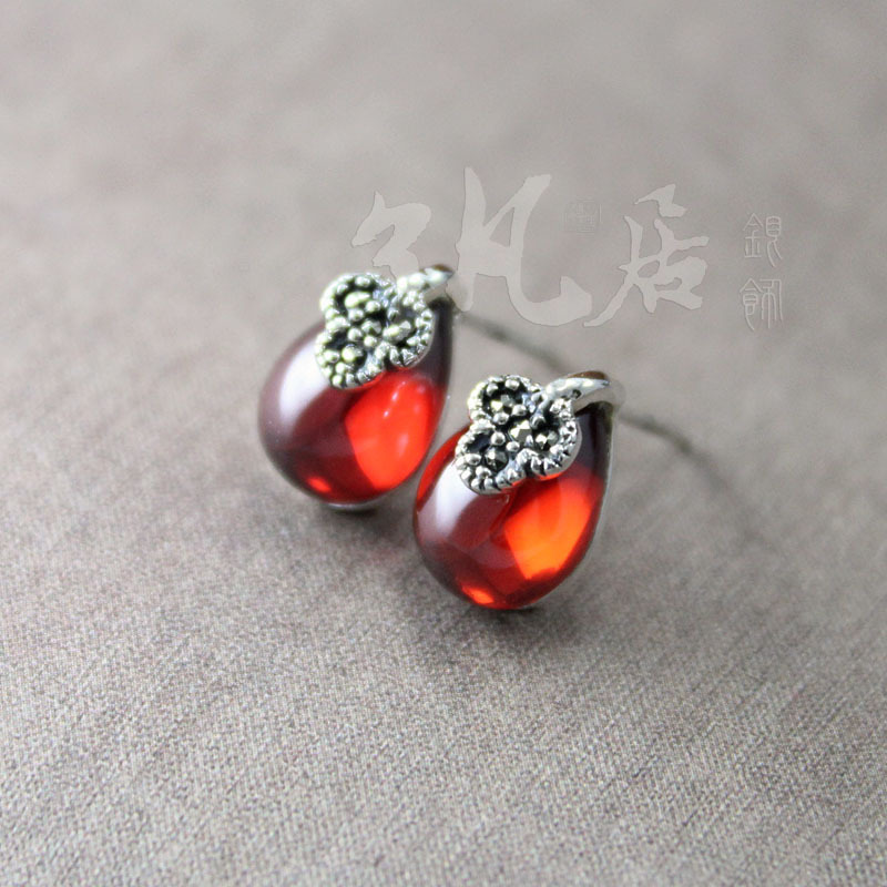 了凡居 S925纯银耳饰批发 泰银镶嵌石榴石水滴耳钉 韩版宝石耳钉
