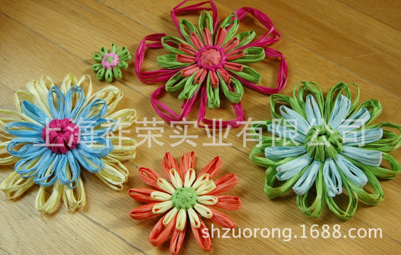 厂家定做拉菲草编织花 PP草装饰花 网纱手缝PP草花 丝带手工绣花|ru