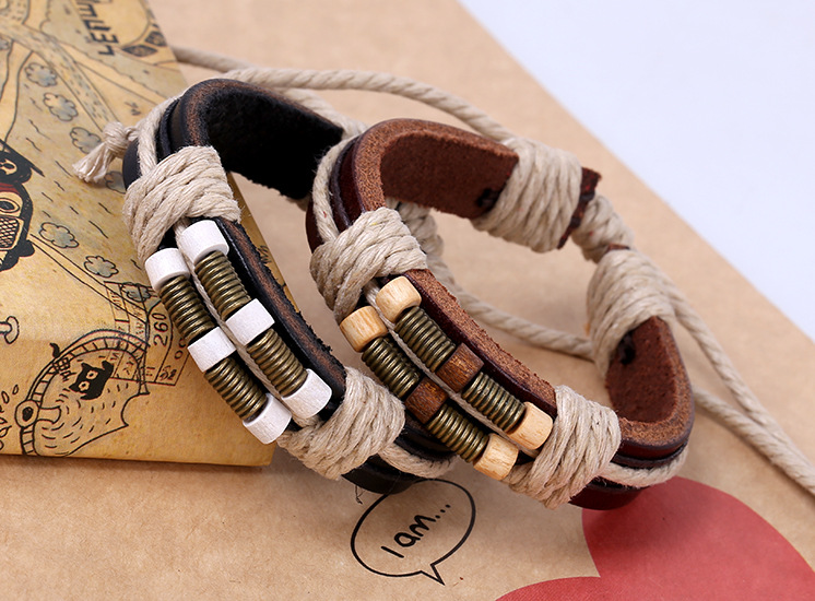 New style leather bracelet bronze spring wood beads leather bracelet wholesale woven bracelet retro 
