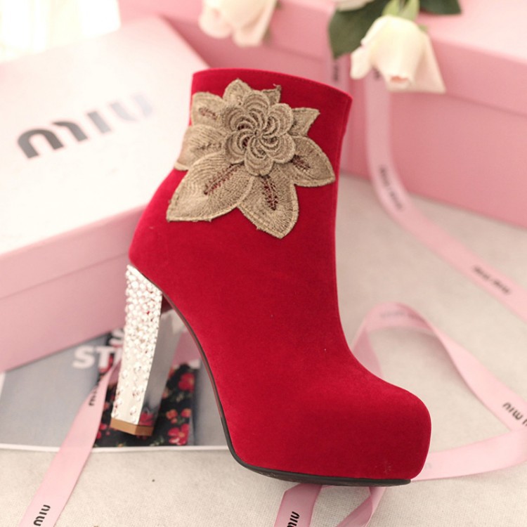 2014秋冬新款女靴子花朵側拉鏈超高跟短靴紅色婚鞋裸靴廠_d
