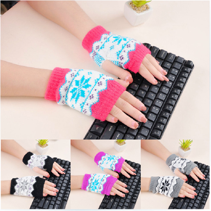 韓版時尚加厚保暖冬季雪花愛心露指半指手套打字手套45g