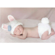 新款钩针编织小白兔套装 宝宝摄影服装 百日婴儿造型衣