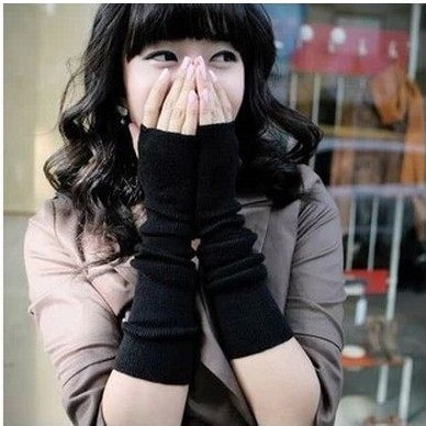 韩版女士手套半指手套女冬可爱 秋冬季长手套手臂套 露指毛线手套|ru