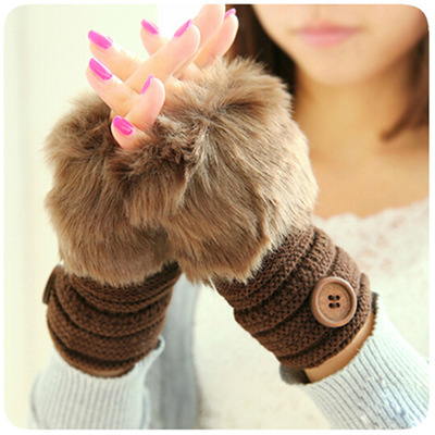 韩版可爱仿兔毛露指保暖毛线手套 冬季女士皮草针织纽扣半指手套|ru