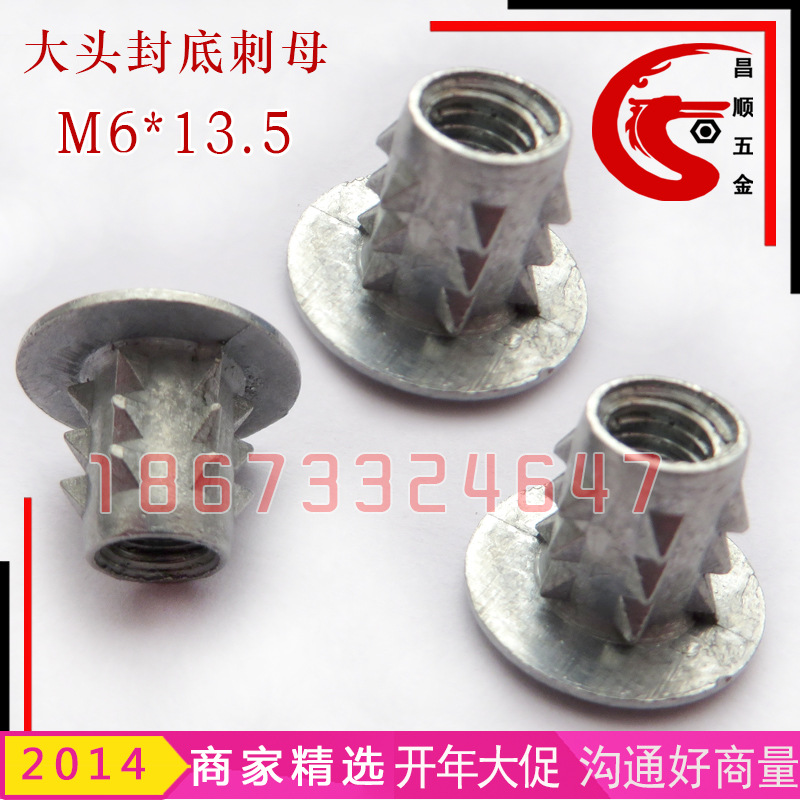 供应盲孔平头刺母 锌合金梯形尖刺内外牙螺母 M6M8封口大头刺帽
