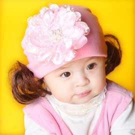 帽子批发花朵女童针织套头帽秋冬季保暖假发毛线帽女宝宝胎帽