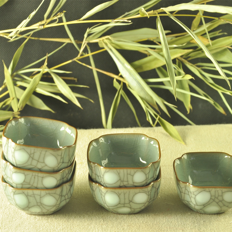 云上青瓷哥窑冰裂点彩四方品茗杯龙泉青瓷茶杯创意耐高温茶杯|ms