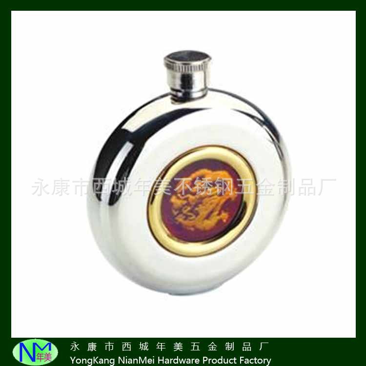 5OZ镜光贴片不锈钢圆酒壶