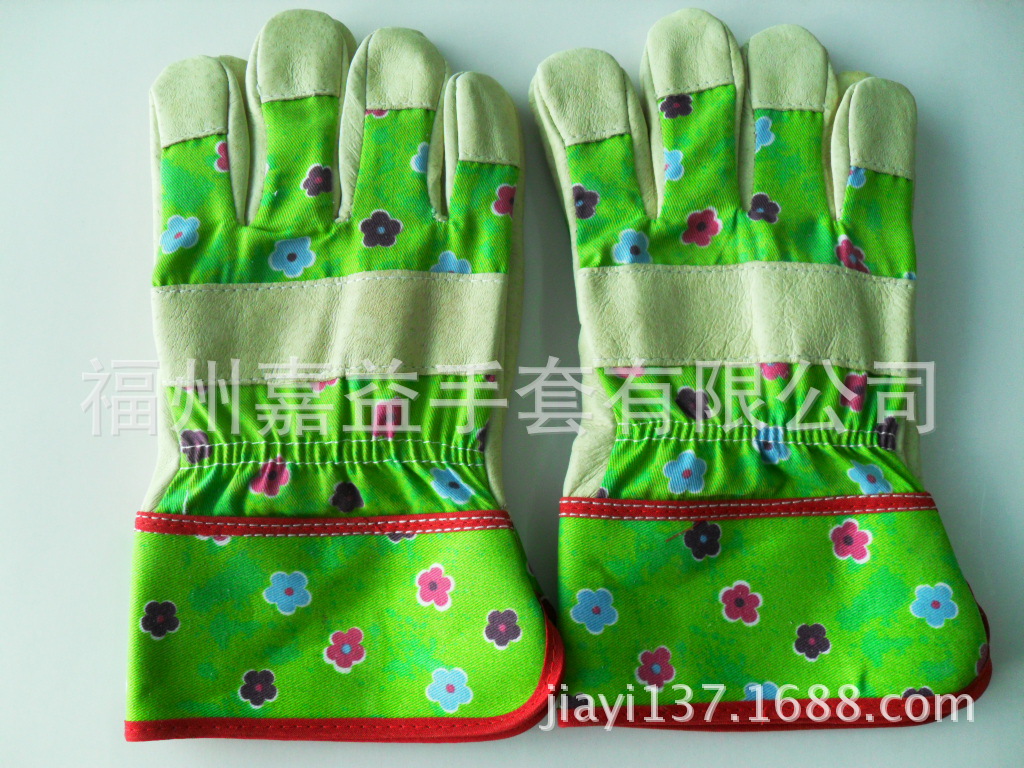 猪头层掌纱卡布背印花花园手套