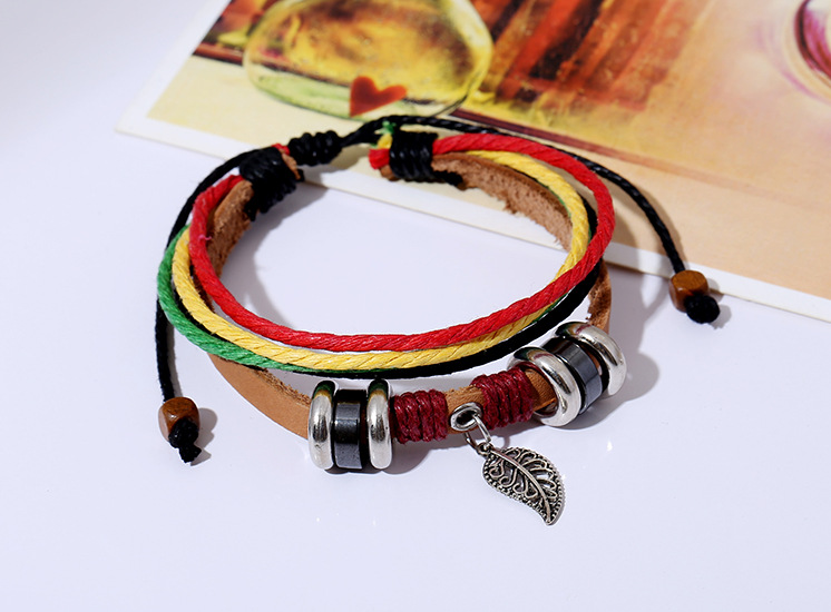 Fashion men and women leather bracelet leaf pendant handmade leather bracelet