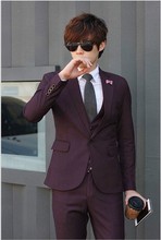2020新款深酒紫红色男士韩版修身西服套装职业青年新郎结婚礼服潮