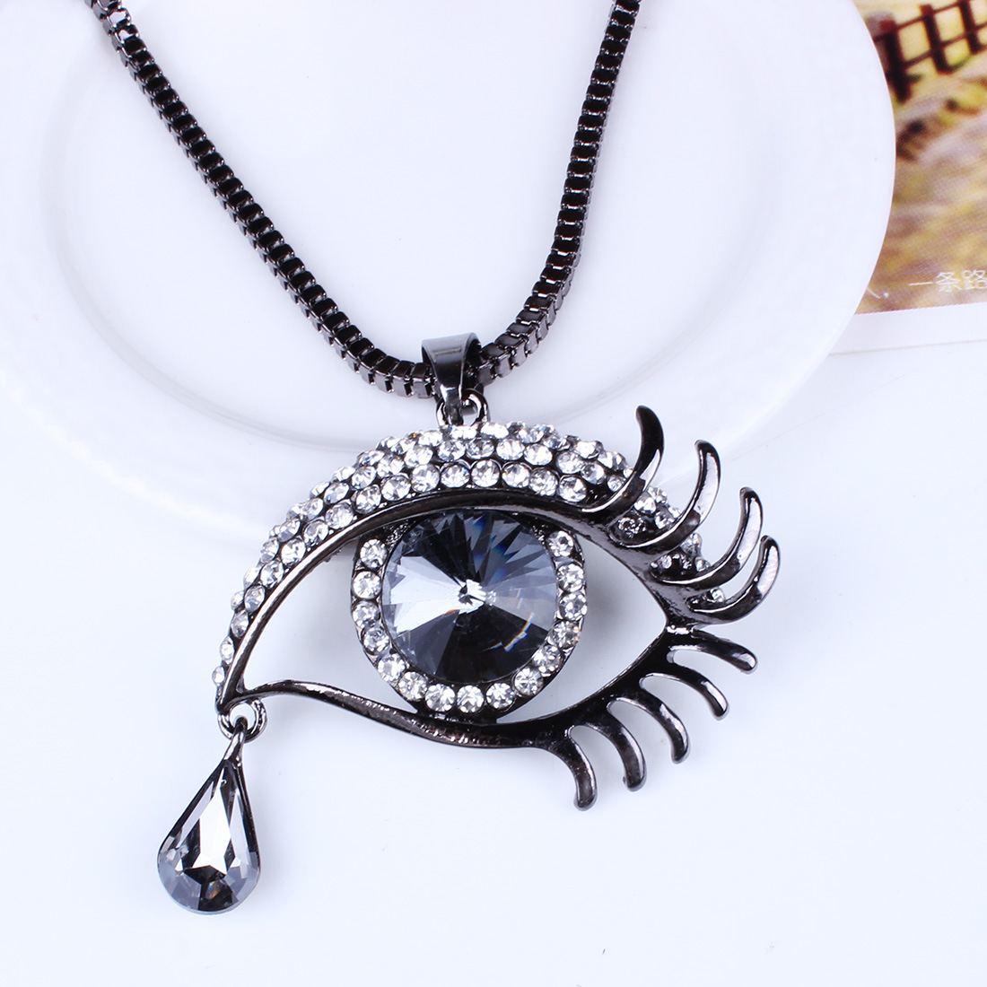 Fashion Blue Eyes Crystal Teardrop Angel Tear Sweater Chain Long Necklace Wholesale Nihaojewelry display picture 3
