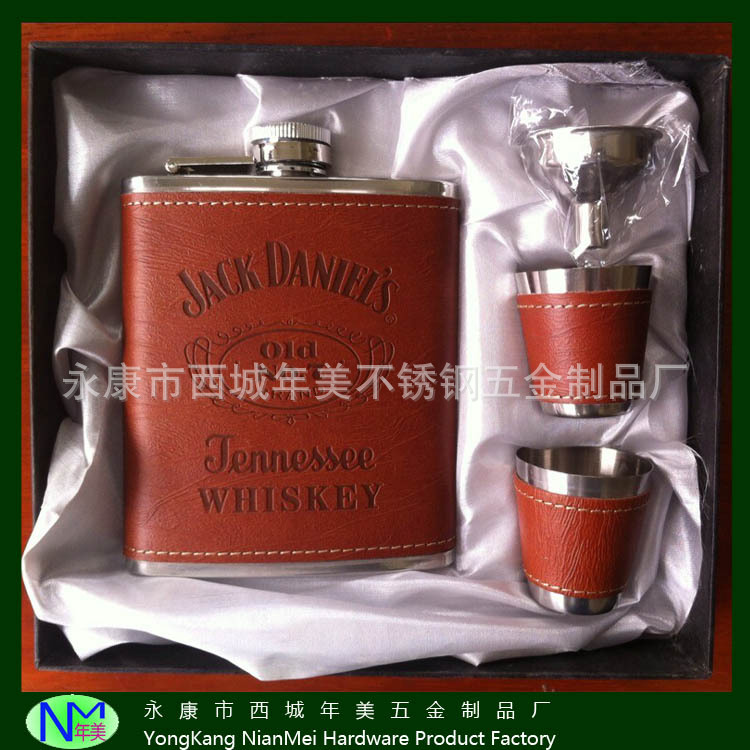 厂家直销外贸 皮革杰克丹尼不锈钢酒壶礼品套装