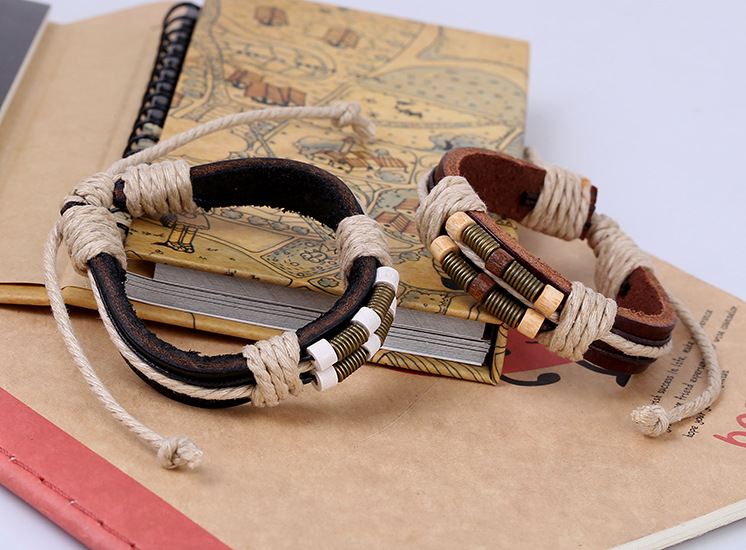 New style leather bracelet bronze spring wood beads leather bracelet wholesale woven bracelet retro 