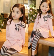 春童装一件代发 女童装春款新品 蝴蝶结 条纹两件套童装