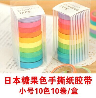 可爱糖果色彩虹色 手撕和纸胶带 彩色贴纸 可写字 10卷装