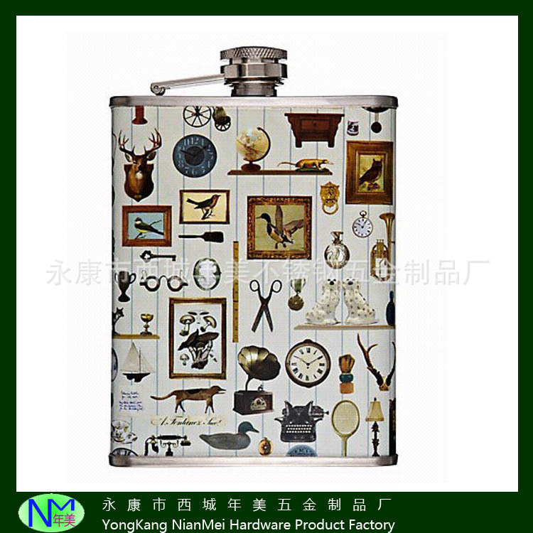 热转印LOGO皮革包裹贴片不锈钢酒壶厂家直销