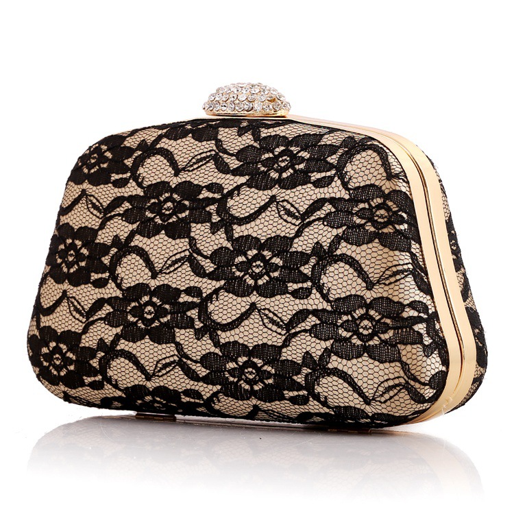 Lace Evening Bag Hard Shell With Drill Clutch Bag Retro Lady Party Chain Bag display picture 2