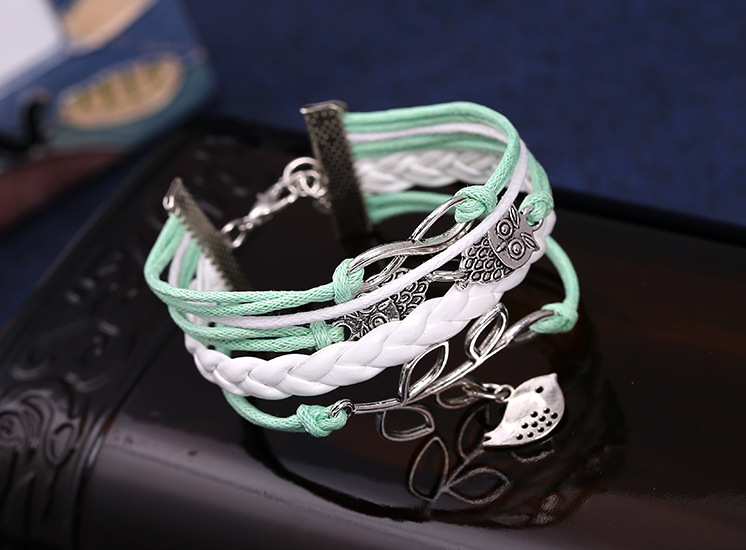 Wholesale spot fashion ancient silver owl bright leather rope bracelet