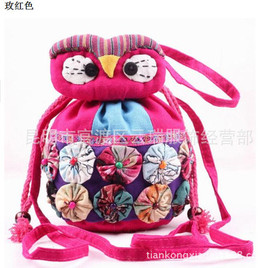 【批发货源】民族风猫头鹰棉麻布艺斜挎包 流行手提包 两用零钱包|ms