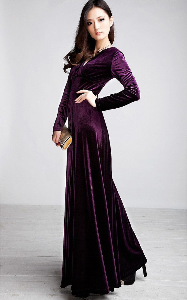 V-Neck Long-Sleeved Gold Velvet Long Dress NSYF47038