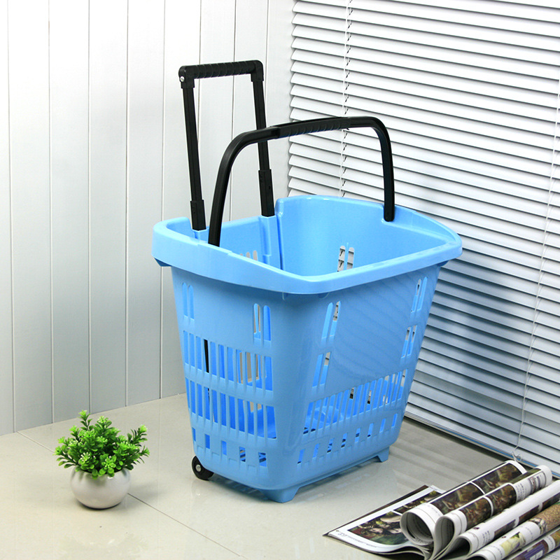 Manufactor wholesale Outsize Plastic Handle supermarket Storage basket Scalable pull rod pulley Trolley Shopping Cart