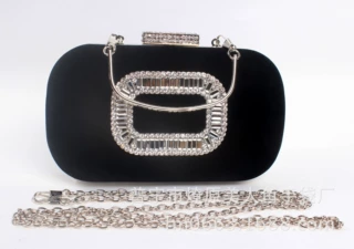 外贸小方扣镶钻晚宴包钻石绒布女包欧美宴会礼服手拿包链条小包