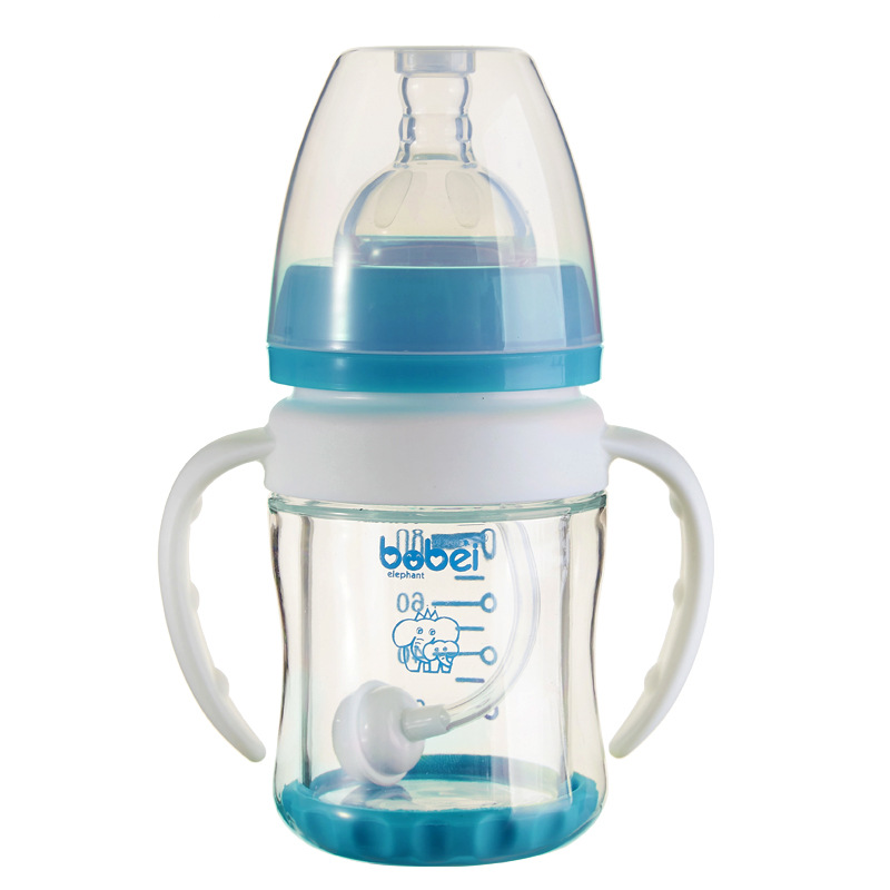 邦贝小象厂家直销儿童双层防爆玻璃奶瓶宽口带手柄吸管一件代发|ru