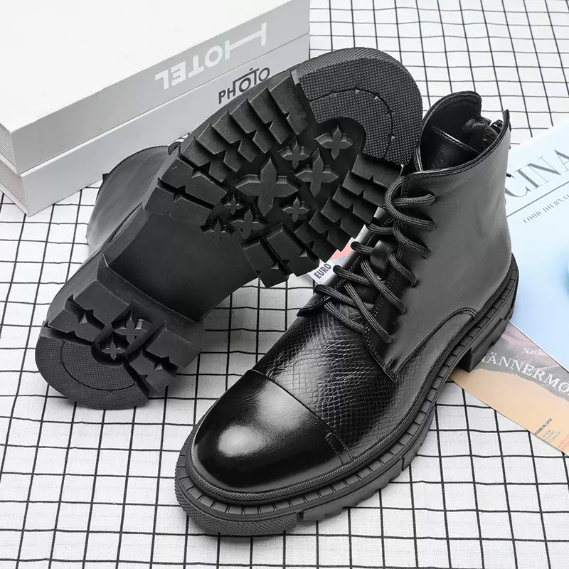 男鞋2023男士休闲厚底皮靴韩版马丁军靴时尚中帮工装短靴百搭防滑