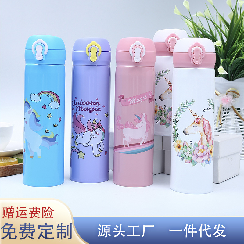 Botella termo infantil de acero inoxidable 304 con diseño de unicornio, tapa abatible y personalizada con logo